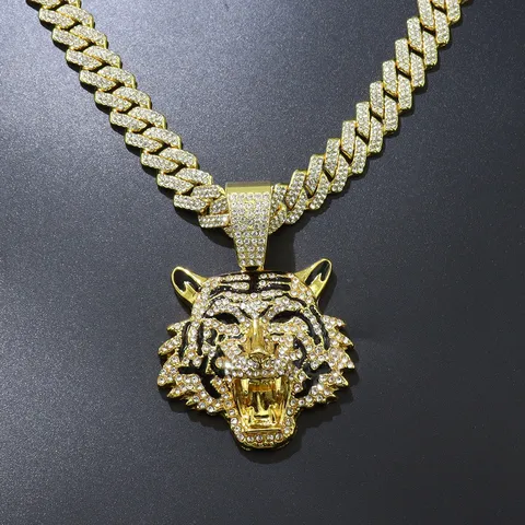 Hip Hop Punkrock Voller Strass Tigerkopf Anhänger Halskette Für Herren Damen Gold Silber Überzogene Legierung Panzerkette Schmuck
