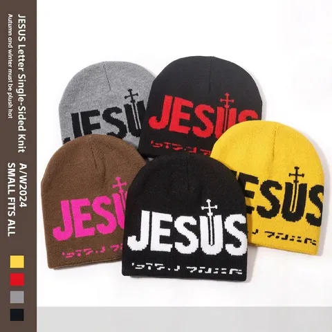 Berretto in Maglia Jacquard JESUS Croce Lettera Unisex Inverno Caldo Acrilico Streetwear Casual Outdoor Skull Cap per Uomo Donna