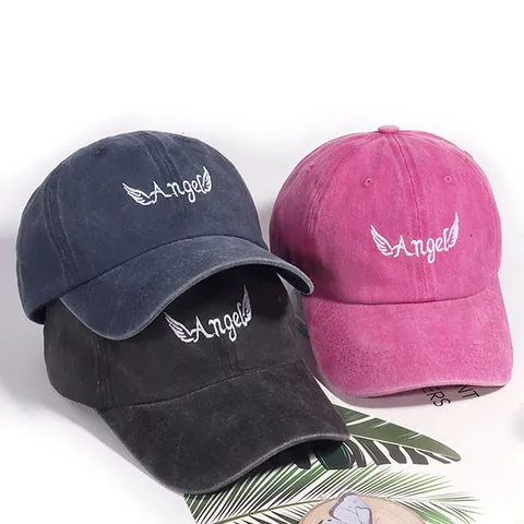 Cappellino da Baseball Lavato Per Uomo Donna Ricamo Angel Wings Distressed Streetwear Protezione Solare All'aperto Cappello Regolabile