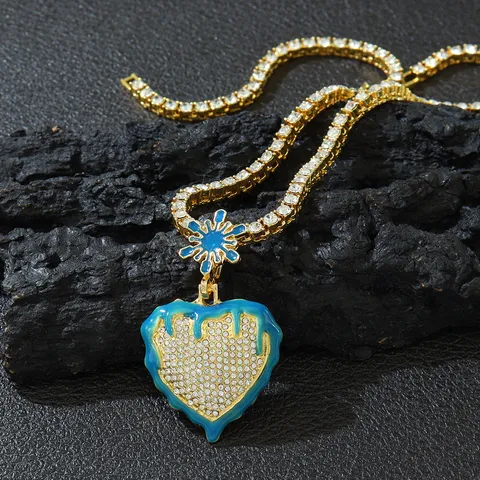 Hip Hop Legierung Leuchtend Tropföl Herz Schneeflocke Anhänger Halskette Strass Tennis Kette Seil Kette Für Herren Damen Schmuck