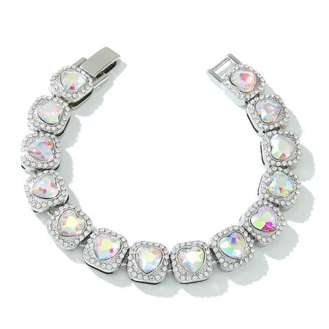 Bracciale Hip Hop Catena Cubana a Cubetti con Cuore Colorato per Uomo in Lega con Strass per Feste in Discoteca