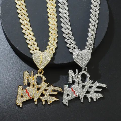 Hip Hop Iced Out No Love Letter Alphabet Broken Heart Pendant Necklace Rhinestone Cuban Link Chain Gold Silver Alloy Jewelry