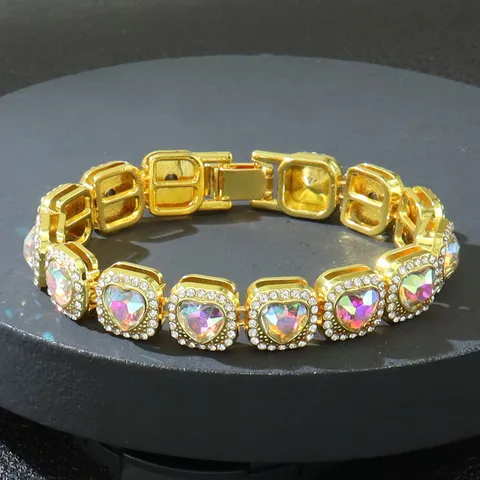 Bracciale Hip Hop Catena Cubana a Cubetti con Cuore Colorato per Uomo in Lega con Strass per Feste in Discoteca