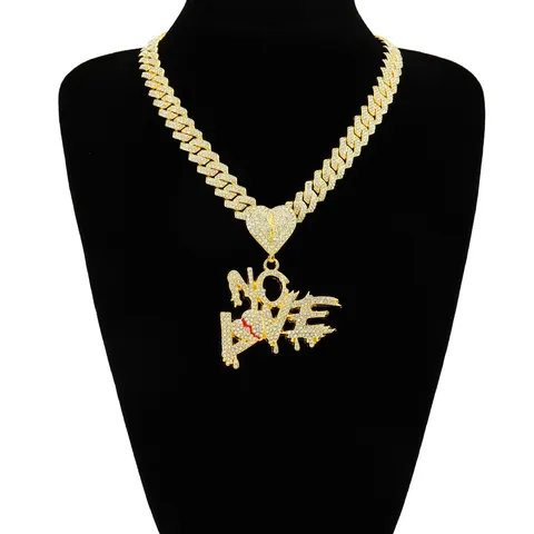 Hip Hop Iced Out No Love Letter Alphabet Broken Heart Pendant Necklace Rhinestone Cuban Link Chain Gold Silver Alloy Jewelry