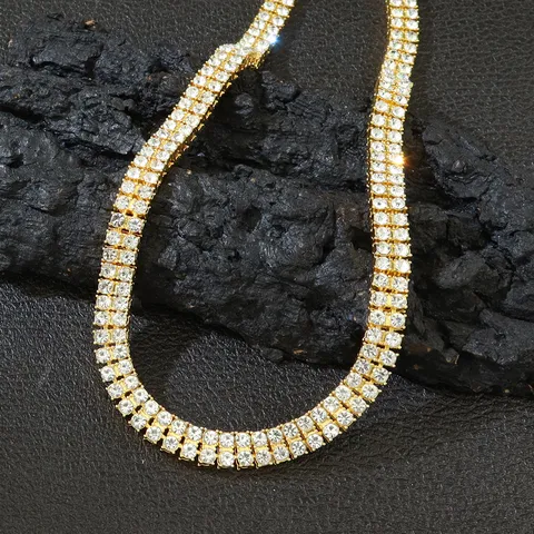 Iced Out Doppelreihige Strass Hip Hop Kette Legierung Pave Zweireihiger Schmuck für Damen Herren Streetwear Party