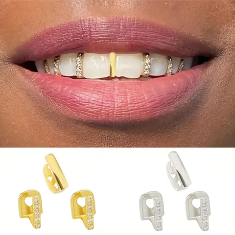Hip Hop Teeth Grills Set Copper Zirconia Inlaid Gold Silver Plated Single Tooth Grills For Halloween Party DIY Jewelry Men Women