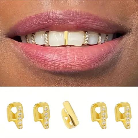 Hip Hop Teeth Grills Set Copper Zirconia Inlaid Gold Silver Plated Single Tooth Grills For Halloween Party DIY Jewelry Men Women