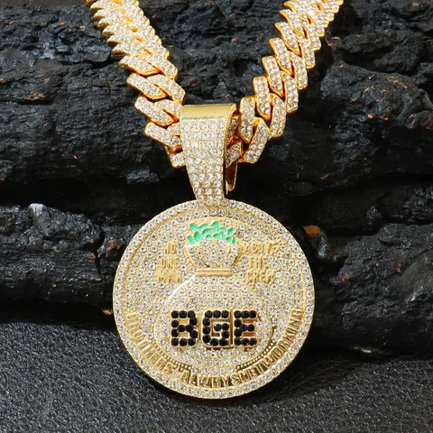 Hip Hop Iced Out BGE Geldbeutel Medaillon Anhänger Halskette Legierung Strass Rund Zirkel Anhänger Mit Cuban Link Kette Herren Schmuck