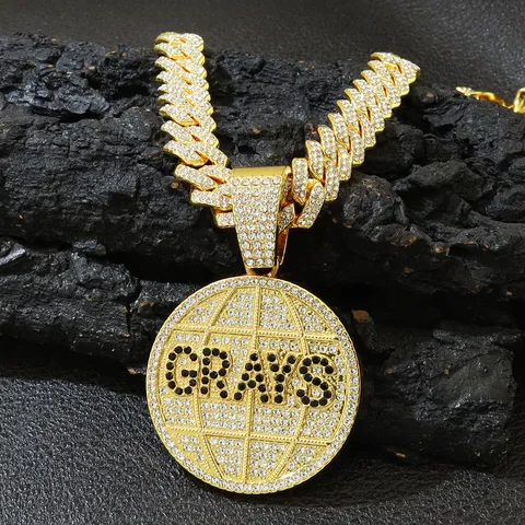 Iced Out Grays Letter Round Disc Pendant Necklace Hip Hop Punk Cuban Link Chain Alloy Rhinestone Streetwear Jewelry For Men Women