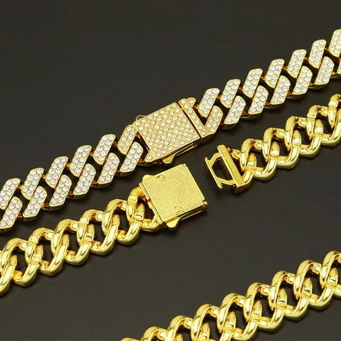 15mm Voll Strass Rhombische Panzerkette Halskette Hip Hop Iced Out Legierung Bling Halskette Armband Für Herren Damen Schmuck