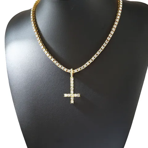 Hip Hop Iced Out Upside Down Cross Pendant Necklace Gold Silver Plated Alloy Rhinestone Tennis Chain Men Women Streetwear Jewelry