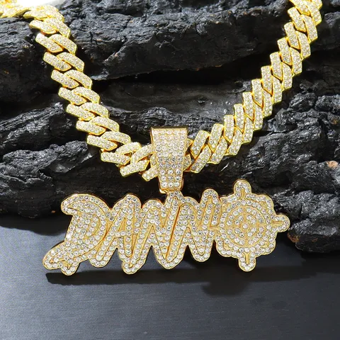 Hip Hop Iced Out DANN Buchstabe Anhänger Panzerkette Halskette Legierung Strass Schmuck Für Herren Damen Gold Silber