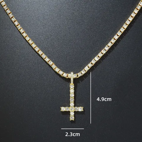 Hip Hop Iced Out Upside Down Cross Pendant Necklace Gold Silver Plated Alloy Rhinestone Tennis Chain Men Women Streetwear Jewelry