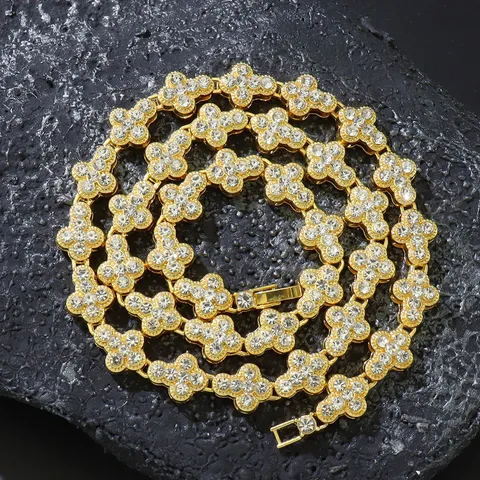 Vollbesetzte Diamant Kreuz Blume Tenniskette Halskette Armband Für Damen Herren Französisches Retro Hip Hop Strass Eingelegtes Legierung Halskette Zubehör