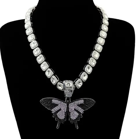 Hip Hop Herren Iced Out Schmetterling Anhänger Halskette Mit Quadratisch Strass Tennis Kette Legierung Bling Schmuck Geschenk