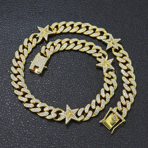 Herren Hip Hop Iced Out Stern Panzerkette Gold Silber Beschichtete Zinklegierung Strass Eingelegt Anhänger Halskette Streetwear Schmuck