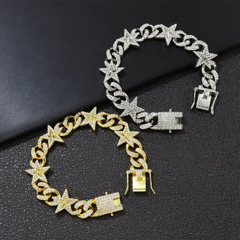 Herren Hip Hop Iced Out Stern Panzerkette Gold Silber Beschichtete Zinklegierung Strass Eingelegt Anhänger Halskette Streetwear Schmuck