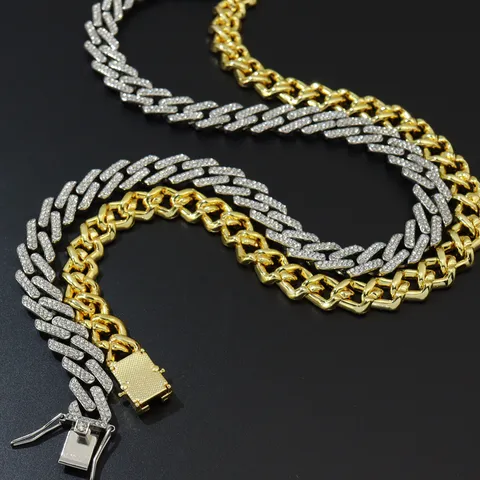 Herren Hip Hop Legierung Panzerkette Halskette Strass Voll Pave Geometrische Rhombus Kette Choker Für Biker Party Schmuck