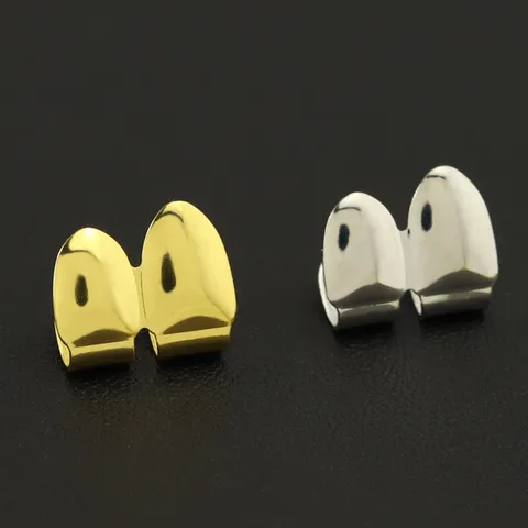 Hip Hop Double Fang Teeth Grillz Set Copper Gold Silver Plated Vampire Dental Grills For Men Women Party Jewelry Accessory