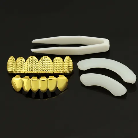 Hip Hop Gold Plated Teeth Grillz For Men Women Copper Metal Textured Grid Design Top Bottom Tooth Grills Party Jewelry Gift