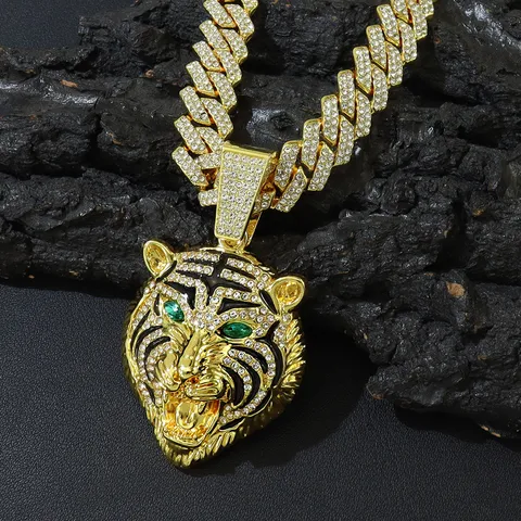 Iced Out Tigerkopf Anhänger Halskette Für Herren Hip Hop Schmuck Gold Silber Vergoldet Legierung Strass Panzerkette Mit Grünem Auge Tiger Anhänger