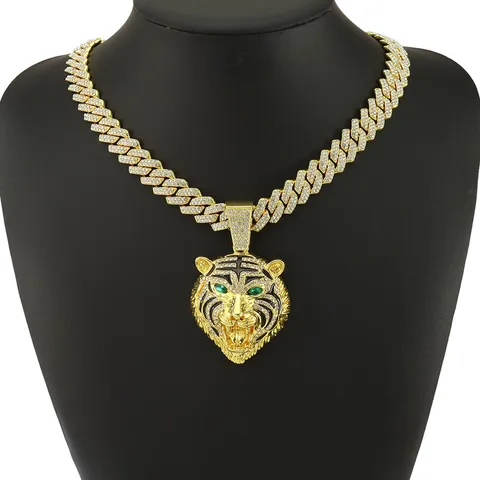 Iced Out Tigerkopf Anhänger Halskette Für Herren Hip Hop Schmuck Gold Silber Vergoldet Legierung Strass Panzerkette Mit Grünem Auge Tiger Anhänger