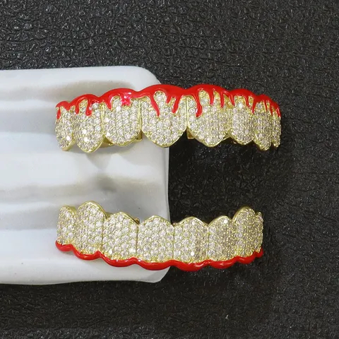 Hip Hop Copper Zirconia Grillz Halloween Cosplay Flame Red Drip Oil Tooth Grills Top And Bottom Teeth Body Jewelry