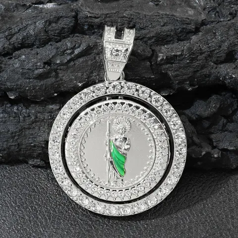 Collana con Pendente Rotante St. Jude Hip Hop Icona Smaltata Lega Strass Catena Cubana Iced Out Gioielli Religiosi Uomo Donna Regalo