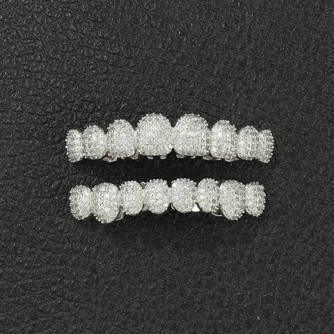 Hiphop Iced Out Teeth Grillz Copper Micro Inlaid Zirconia Gold Silver Plated 8 Top Bottom Teeth Grill Set For Rapper Jewelry Accessory