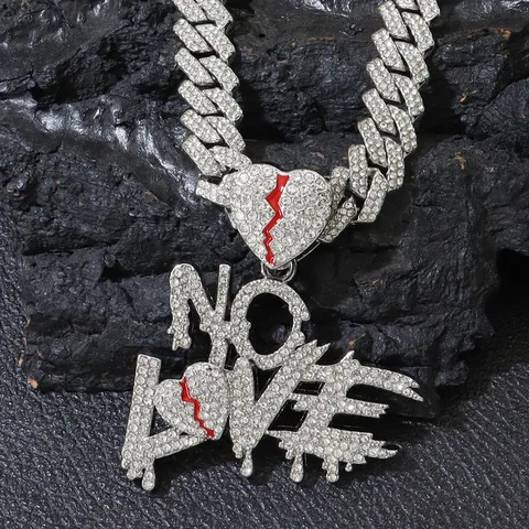 Hip Hop Heart Letter Pendant Necklace Men Full Rhinestone Iced Out Cuban Link Chain Jewelry