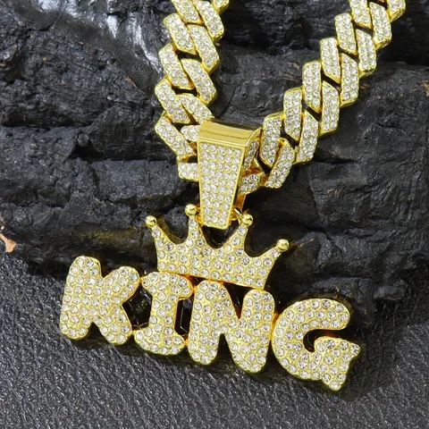 Hiphop Iced Out KING Letter Pendant Crown Zinc Alloy Rhinestone Necklace For Men Cuban Link Chain Fashion Trend Jewelry