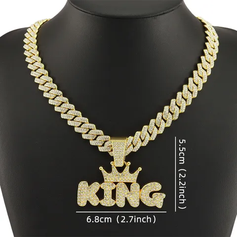 Hiphop Iced Out KING Letter Pendant Crown Zinc Alloy Rhinestone Necklace For Men Cuban Link Chain Fashion Trend Jewelry