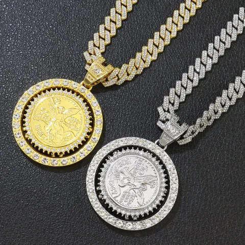 Hip-Hop Rotierende Erzengel Michael Medaillon Halskette Zinklegierung Strass Panzerkette Für Herren Party Schmuck
