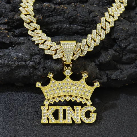 Hip Hop Crown King Letter Pendant Necklace Zinc Alloy Iced Out Rhinestone Cuban Link Chain For Men Streetwear Jewelry