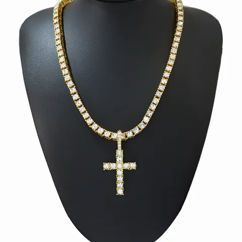 Hip Hop Iced Out Kreuz Anhänger Halskette Legierung Strass Tennis Kette Schmuck Für Herren Damen Glitzernde Streetwear Halsketten
