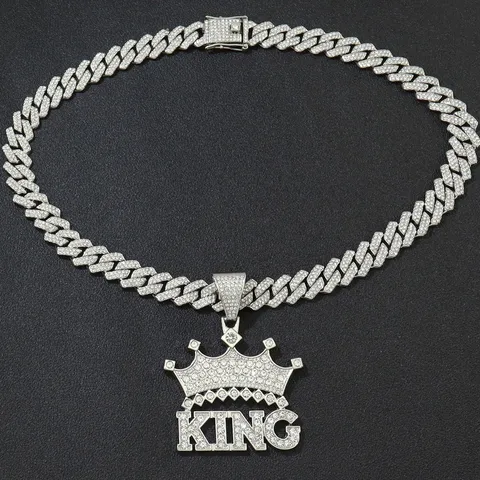 Hip Hop Crown King Letter Pendant Necklace Zinc Alloy Iced Out Rhinestone Cuban Link Chain For Men Streetwear Jewelry