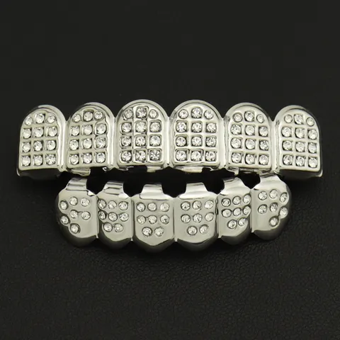 Hip Hop 18K Gold Plated Copper Teeth Grills Vampire Fang Rhinestone Iced Out Grills Set For Men Women Party Body Jewelry