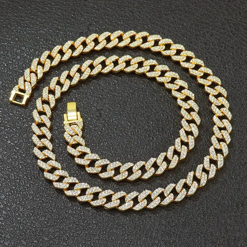 Luxus Hip Hop Iced Out Cuban Link Halskette Für Damen Herren Voll Strass Legierung Gold Silber Plattiert Schmuck