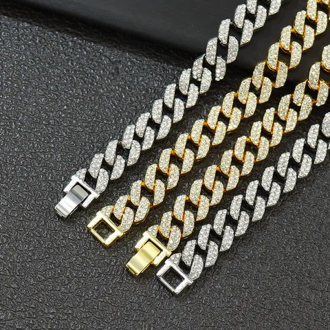Luxus Hip Hop Iced Out Cuban Link Halskette Für Damen Herren Voll Strass Legierung Gold Silber Plattiert Schmuck