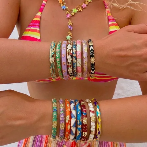 Bracciale Rigido Sottile in Smalto Bohémien per Donna Impilabile Arcobaleno Floreale Motivo Geometrico Lega Strass Gioielli da Spiaggia Vacanza