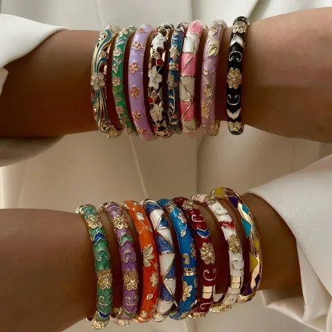 Bracciale Rigido Sottile in Smalto Bohémien per Donna Impilabile Arcobaleno Floreale Motivo Geometrico Lega Strass Gioielli da Spiaggia Vacanza