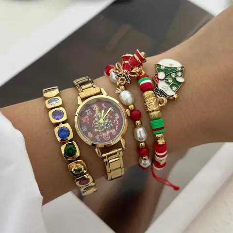 Set Gioielli Orologio Braccialetto Tema Natalizio Donna Cartone Animato Pupazzo Di Neve Albero Pendente Strass Perla Artificiale Orologio Al Quarzo Accessori Regalo