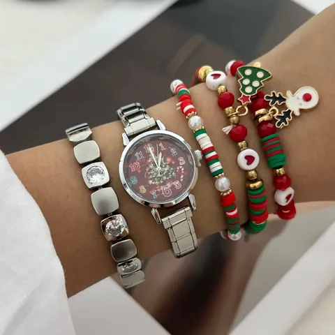Set Gioielli Orologio Braccialetto Tema Natalizio Donna Cartone Animato Pupazzo Di Neve Albero Pendente Strass Perla Artificiale Orologio Al Quarzo Accessori Regalo