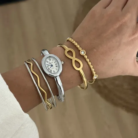 Damen 304 Edelstahl Ovales Zifferblatt Armreif Uhr Und Unendlichkeit Armreif Schmuck Gold Silber Strass Retro Ins Stil Quarz Uhr