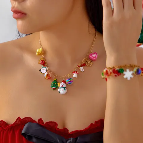 Set Collana Bracciale Natale Babbo Natale Fiocco di Neve Alce Ciondolo Lega Smalto Perla Artificiale Strass Gioielli Regalo
