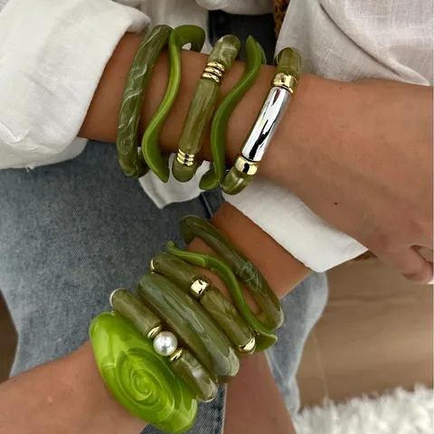 Vintage Layered Marbled Green Acrylic Bracelet Bamboo Joint Style Alloy Metal Stackable Women Fashion Jewelry
