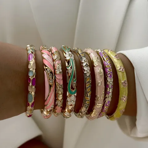Macaron Pastel Enamel Alloy Thin Bangle Bracelet For Women Summer Fresh Floral Drip Oil Rhinestone Inlaid Vacation Jewelry
