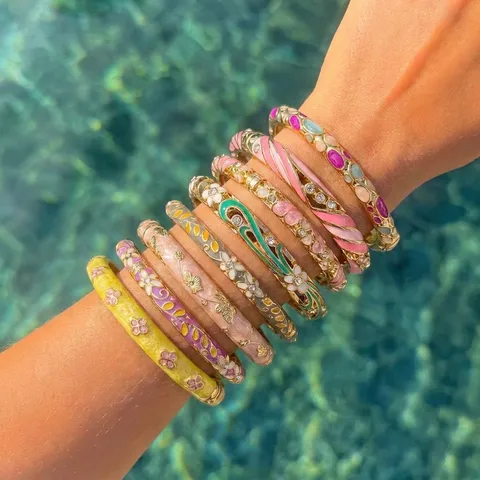 Macaron Pastel Enamel Alloy Thin Bangle Bracelet For Women Summer Fresh Floral Drip Oil Rhinestone Inlaid Vacation Jewelry