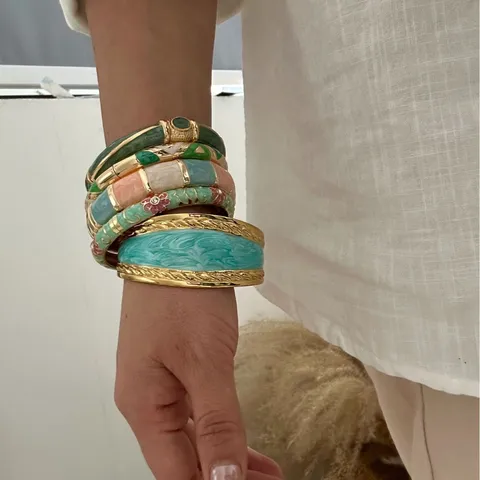 Vintage Enamel Bangle For Women Chinese Palace Style Drip Oil Gold Plated Stainless Steel Open Bracelet Retro Jewelry Gift