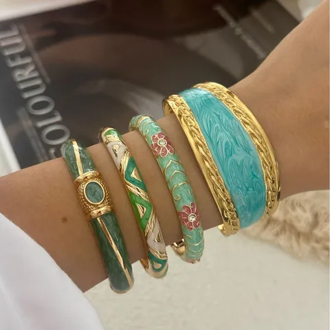 Vintage Enamel Bangle For Women Chinese Palace Style Drip Oil Gold Plated Stainless Steel Open Bracelet Retro Jewelry Gift